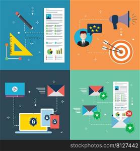 Marketing, safety, computer, communication and business icons. Concepts of digital marketing, experience and safety communication, protection email marketing. Flat design icons in vector illustration.