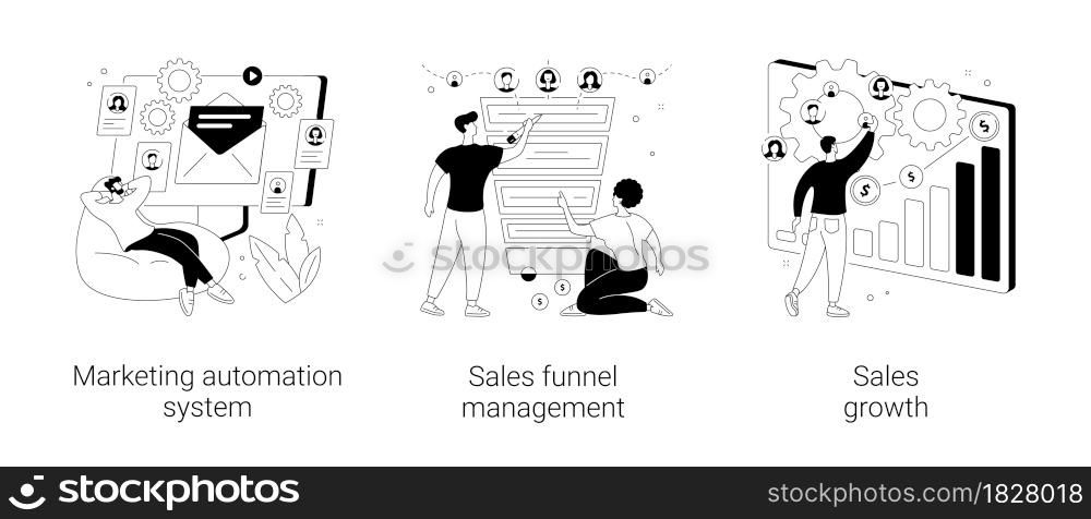 Marketing software abstract concept vector illustration set. Marketing automation system, sales funnel management, sales growth, crm system, lead conversion, client database abstract metaphor.. Marketing software abstract concept vector illustrations.