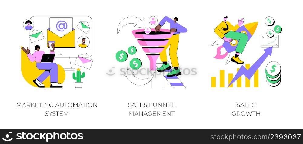 Marketing software abstract concept vector illustration set. Marketing automation system, sales funnel management, sales growth, crm system, lead conversion, client database abstract metaphor.. Marketing software abstract concept vector illustrations.