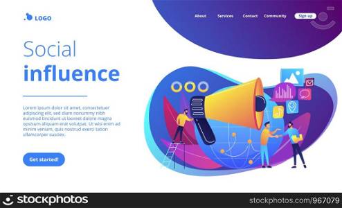 Marketing specialist with loudspeaker influence businessmen and globe. Macromarketing, social influence, global marketing strategy concept. Website vibrant violet landing web page template.. Macromarketing concept landing page.