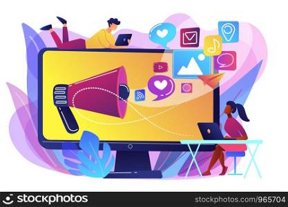 Marketing specialists and computer with megaphone and social media icons. Social media marketing, social networking, internet marketing concept. Bright vibrant violet vector isolated illustration. Social media marketing concept vector illustration.