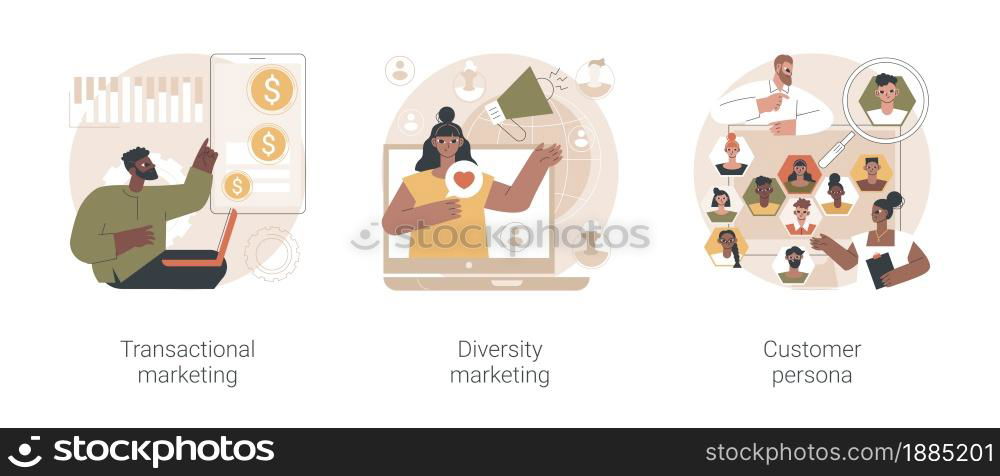 Marketing strategies abstract concept vector illustration set. Transactional and diversity marketing, customer persona, individual sales, customized advertising, target audience abstract metaphor.. Marketing strategies abstract concept vector illustrations.