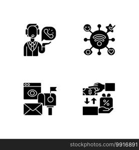 Marketing strategies black glyph icons set on white space. Using telephone to reach different audiences and promote different products. Silhouette symbols. Vector isolated illustration. Marketing strategies black glyph icons set on white space