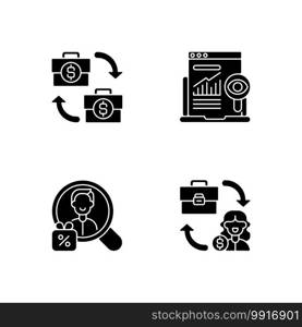 Marketing strategies black glyph icons set on white space. Business helping another one to promote different products and services. Increase selling. Silhouette symbols. Vector isolated illustration. Marketing strategies black glyph icons set on white space