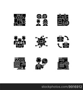 Marketing strategies black glyph icons set on white space. Using modern search engines to get target audience for product and service selling. Silhouette symbols. Vector isolated illustration. Marketing strategies black glyph icons set on white space