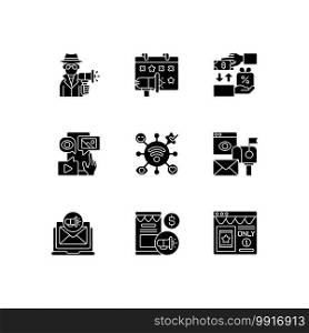 Marketing strategies black glyph icons set on white space. Advertising product on close range area. Sending adds directly to customers. Silhouette symbols. Vector isolated illustration. Marketing strategies black glyph icons set on white space