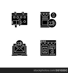 Marketing strategies black glyph icons set on white space. Special events targetting ideas. Promoting using different online services. Silhouette symbols. Vector isolated illustration. Marketing strategies black glyph icons set on white space