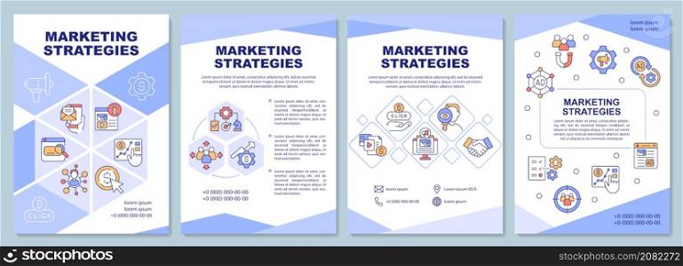 Marketing strategies blue brochure template. Digital ads. Booklet print design with linear icons. Vector layouts for presentation, annual reports, ads. Arial-Black, Myriad Pro-Regular fonts used. Marketing strategies blue brochure template