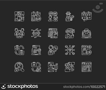 Marketing strategies chalk white icons set on black background. Transactional type of advertising your company product or service. Holidays gift selling. Isolated vector chalkboard illustrations. Marketing strategies chalk white icons set on black background