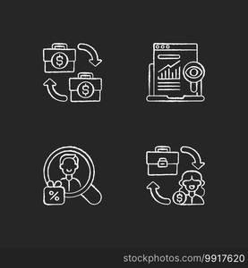 Marketing strategies chalk white icons set on black background. Business helping another one to promote different products and services. Increase selling. Isolated vector chalkboard illustrations. Marketing strategies chalk white icons set on black background