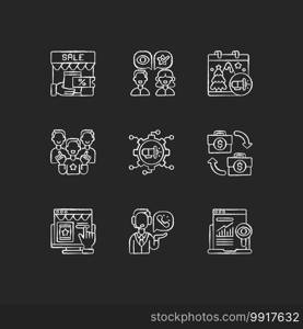 Marketing strategies chalk white icons set on black background. Using modern search engines to get target audience for product and service selling. Isolated vector chalkboard illustrations. Marketing strategies chalk white icons set on black background