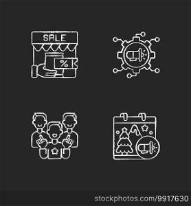 Marketing strategies chalk white icons set on black background. Advertisement using viral content. Seasonal products selling for your company. Isolated vector chalkboard illustrations. Marketing strategies chalk white icons set on black background