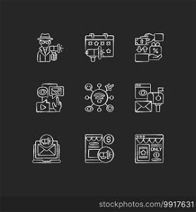 Marketing strategies chalk white icons set on black background. Advertising product on close range area. Sending adds directly to customers. Isolated vector chalkboard illustrations. Marketing strategies chalk white icons set on black background