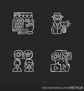 Marketing strategies chalk white icons set on black background. CTA business model. Telling other people about product or service recently bought. Isolated vector chalkboard illustrations. Marketing strategies chalk white icons set on black background