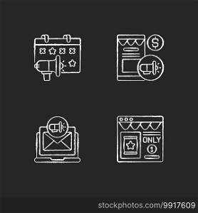 Marketing strategies chalk white icons set on black background. Special events targetting ideas. Promoting using different online services. Isolated vector chalkboard illustrations. Marketing strategies chalk white icons set on black background