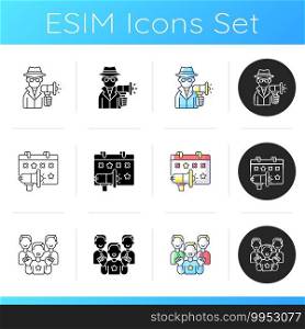 Marketing strategies icons set. Advertisement using viral content. Seasonal products selling for your company. Linear, black and RGB color styles. Isolated vector illustrations. Marketing strategies icons set