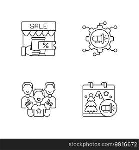 Marketing strategies linear icons set. Advertisement using viral content. Seasonal products selling. Customizable thin line contour symbols. Isolated vector outline illustrations. Editable stroke. Marketing strategies linear icons set