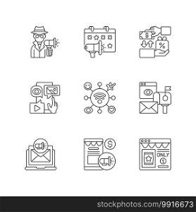Marketing strategies linear icons set. Advertising product. Sending adds directly to customers. Customizable thin line contour symbols. Isolated vector outline illustrations. Editable stroke. Marketing strategies linear icons set