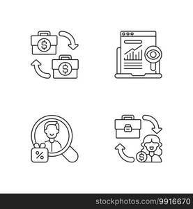 Marketing strategies linear icons set. Business helping another one to promote products. Customizable thin line contour symbols. Isolated vector outline illustrations. Editable stroke. Marketing strategies linear icons set