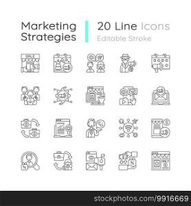 Marketing strategies linear icons set. Transactional type of advertising your company product or service. Customizable thin line contour symbols. Isolated vector outline illustrations. Editable stroke. Marketing strategies linear icons set