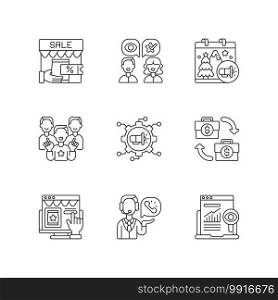 Marketing strategies linear icons set. Using search engines to get target audience for product. Customizable thin line contour symbols. Isolated vector outline illustrations. Editable stroke. Marketing strategies linear icons set