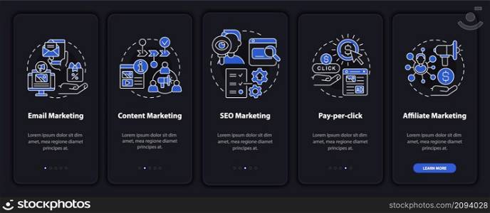 Marketing strategies night mode onboarding mobile app screen. Business walkthrough 5 steps graphic instructions pages with linear concepts. UI, UX, GUI template. Myriad Pro-Bold, Regular fonts used. Marketing strategies night mode onboarding mobile app screen