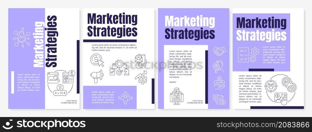 Marketing strategies purple brochure template. Digital promotion. Booklet print design with linear icons. Vector layouts for presentation, annual reports, ads. Anton-Regular, Lato-Regula fonts used. Marketing strategies purple brochure template