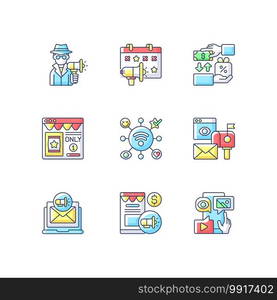 Marketing strategies RGB color icons set. Advertising product on close range area. Sending adds directly to customers. Isolated vector illustrations. Marketing strategies RGB color icons set