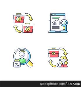 Marketing strategies RGB color icons set. Business helping another one to promote different products and services. Increase selling. Isolated vector illustrations. Marketing strategies RGB color icons set