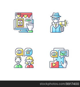 Marketing strategies RGB color icons set. CTA business model. Telling other people about product or service recently bought. Isolated vector illustrations. Marketing strategies RGB color icons set