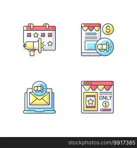 Marketing strategies RGB color icons set. Special events targetting ideas. Promoting using different online services. Isolated vector illustrations. Marketing strategies RGB color icons set