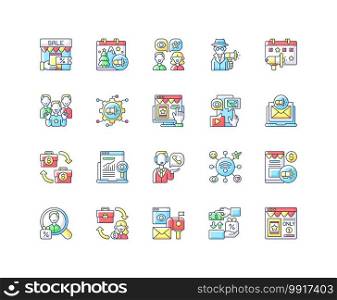 Marketing strategies RGB color icons set. Transactional type of advertising your company product or service. Holidays gift selling. Isolated vector illustrations. Marketing strategies RGB color icons set