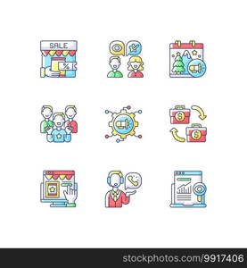 Marketing strategies RGB color icons set. Using modern search engines to get target audience for product and service selling. Isolated vector illustrations. Marketing strategies RGB color icons set