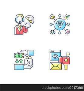 Marketing strategies RGB color icons set. Using telephone to reach different audiences and promote different products. Isolated vector illustrations. Marketing strategies RGB color icons set