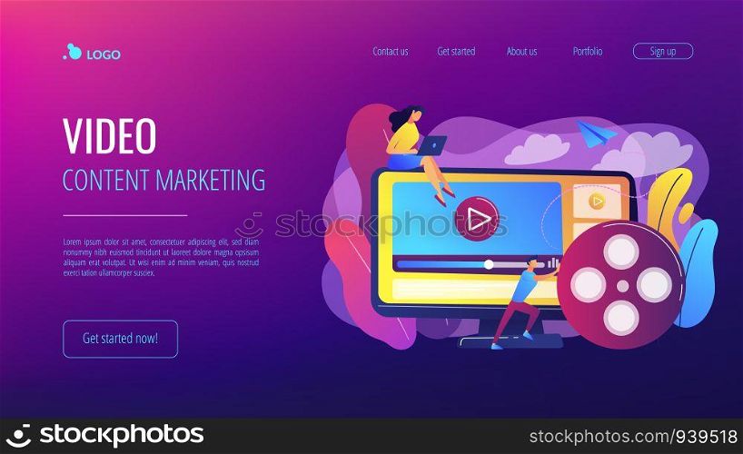 Marketing strategist with laptop working with video content. Video content marketing, video marketing strategy, digital marketing tool concept. Website vibrant violet landing web page template.. Video content marketing concept landing page.