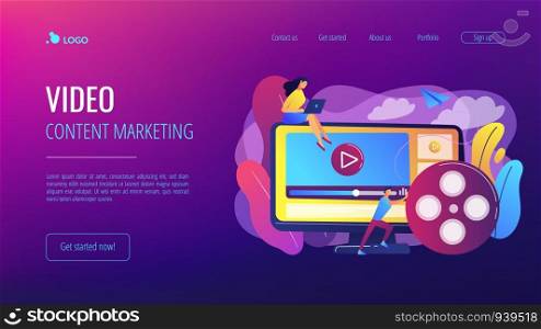 Marketing strategist with laptop working with video content. Video content marketing, video marketing strategy, digital marketing tool concept. Website vibrant violet landing web page template.. Video content marketing concept landing page.