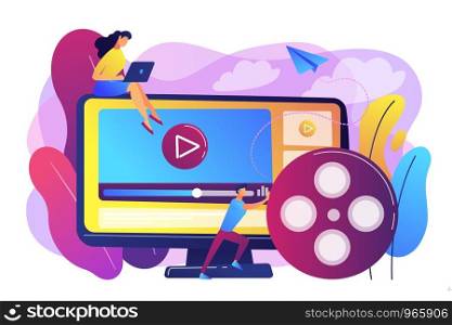 Marketing strategist with laptop working with video content. Video content marketing, video marketing strategy, digital marketing tool concept. Bright vibrant violet vector isolated illustration. Video content marketing concept vector illustration.