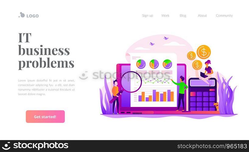 Marketing strategy and data analysis. Marketers analyzing infographics. Identify business needs, determine solutions, IT business problems concept. Website homepage header landing web page template.. Business analysis landing page template