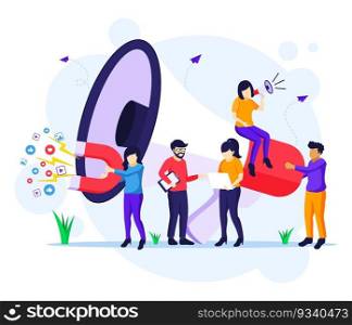 Marketing strategy c&aign concept, people holding and shout on giant megaphone for promotion and sales program flat vector illustration
