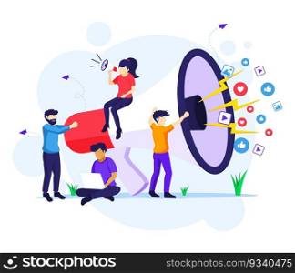 Marketing strategy c&aign concept, people holding and shout on giant megaphone for promotion and sales program illustration