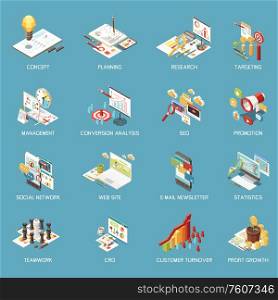 Marketing strategy concept icons isometric set with isolated images of desktop elements graphs with text captions vector illustration