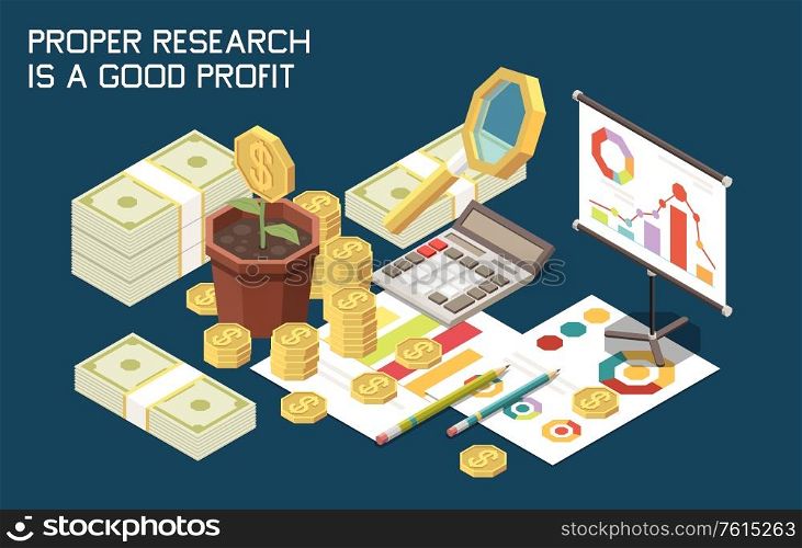 Marketing strategy concept isometric background with desktop images of calculator piles of coins and paper work vector illustration
