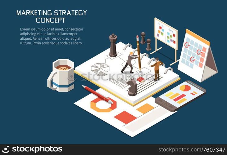 Marketing strategy concept isometric background with editable text and little human characters with plans and calendars vector illustration