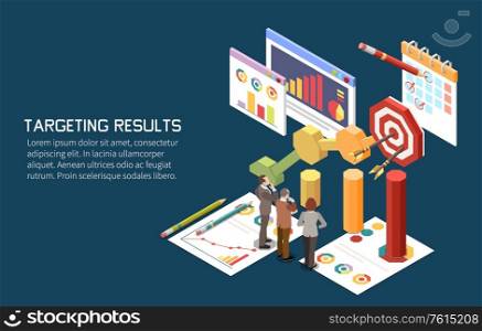 Marketing strategy concept isometric background with human characters and images of target graphs with editable text vector illustration
