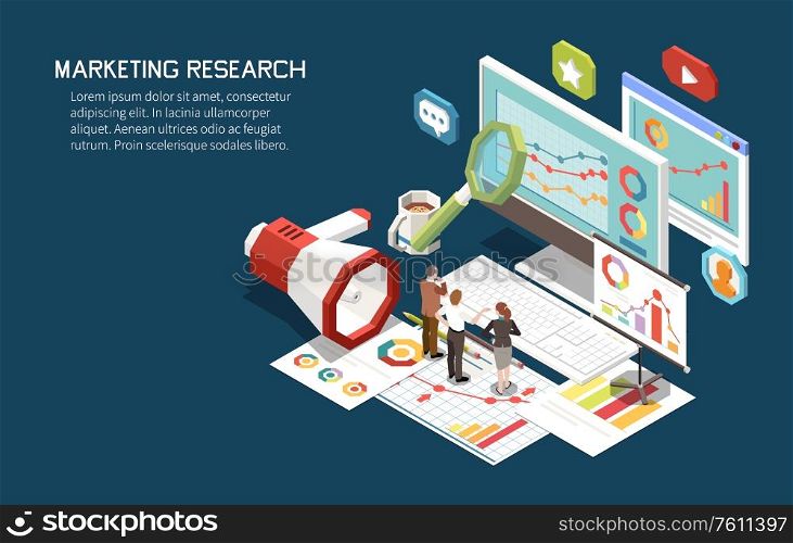 Marketing strategy concept isometric background with set of computer screens graphs pictograms with people and text vector illustration