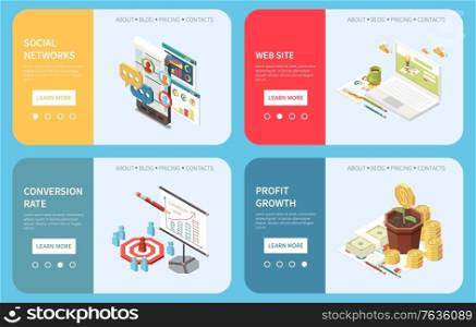Marketing strategy concept isometric horizontal banners set with learn more buttons page switches text and images vector illustration