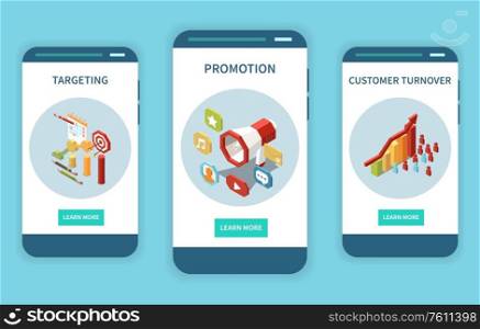 Marketing strategy concept isometric set of three vertical banners with pictogram images and learn more buttons vector illustration