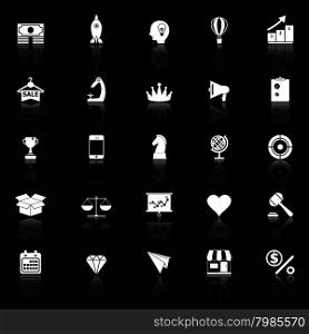 Marketing strategy icons with reflect on black background, stock vector