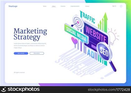 Marketing strategy isometric landing page. Business concept with digital device screen, finance analysis graphs, magnifying glass, seo, social media ad and traffic data charts, 3d vector web banner. Marketing strategy isometric landing page, finance