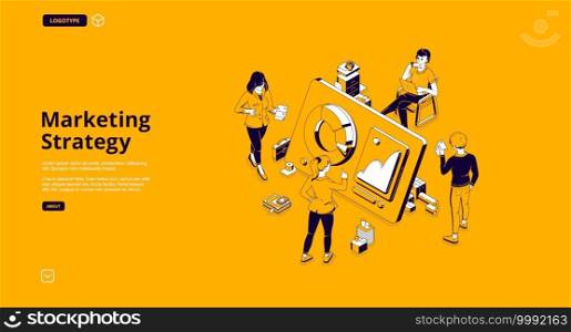Marketing strategy isometric landing page. Tiny business people around huge digital device with data graphs and charts. Online trading, investment, automation technology, 3d vector line art web banner. Marketing business strategy isometric landing page